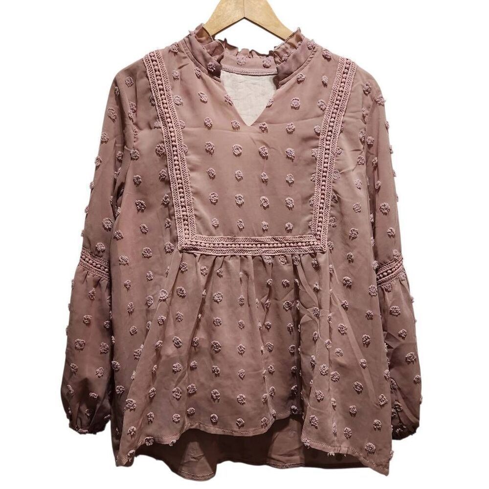 Boutique mauve pink blouse princess babydoll textured dot medium